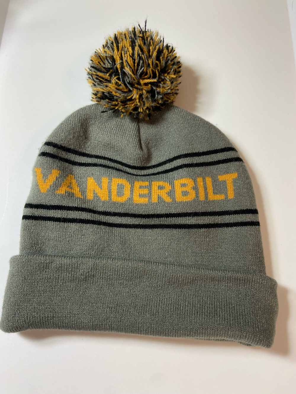3/$12 Vanderbilt Gray & Gold Acrylic Knit Pom Pom Beanie Adult One Size